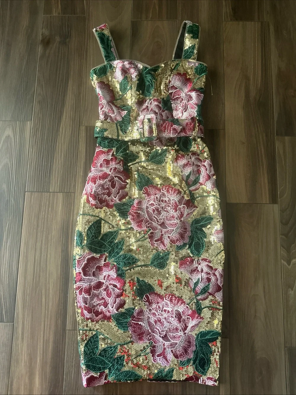 Dress the Population Nicole Sequin Floral Embroidered Cocktail Midi Dress